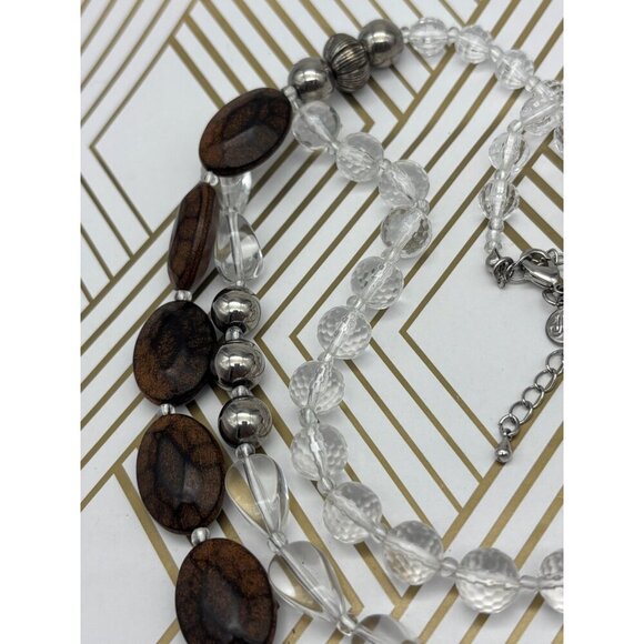 Silver Tone & Brown Bead Collar Statement Necklace Multi Strand Flower Boho - Picture 9 of 10